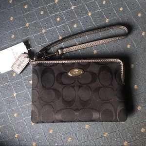 Black Fabric Coach Logo Wristlet Pouch Embroidered